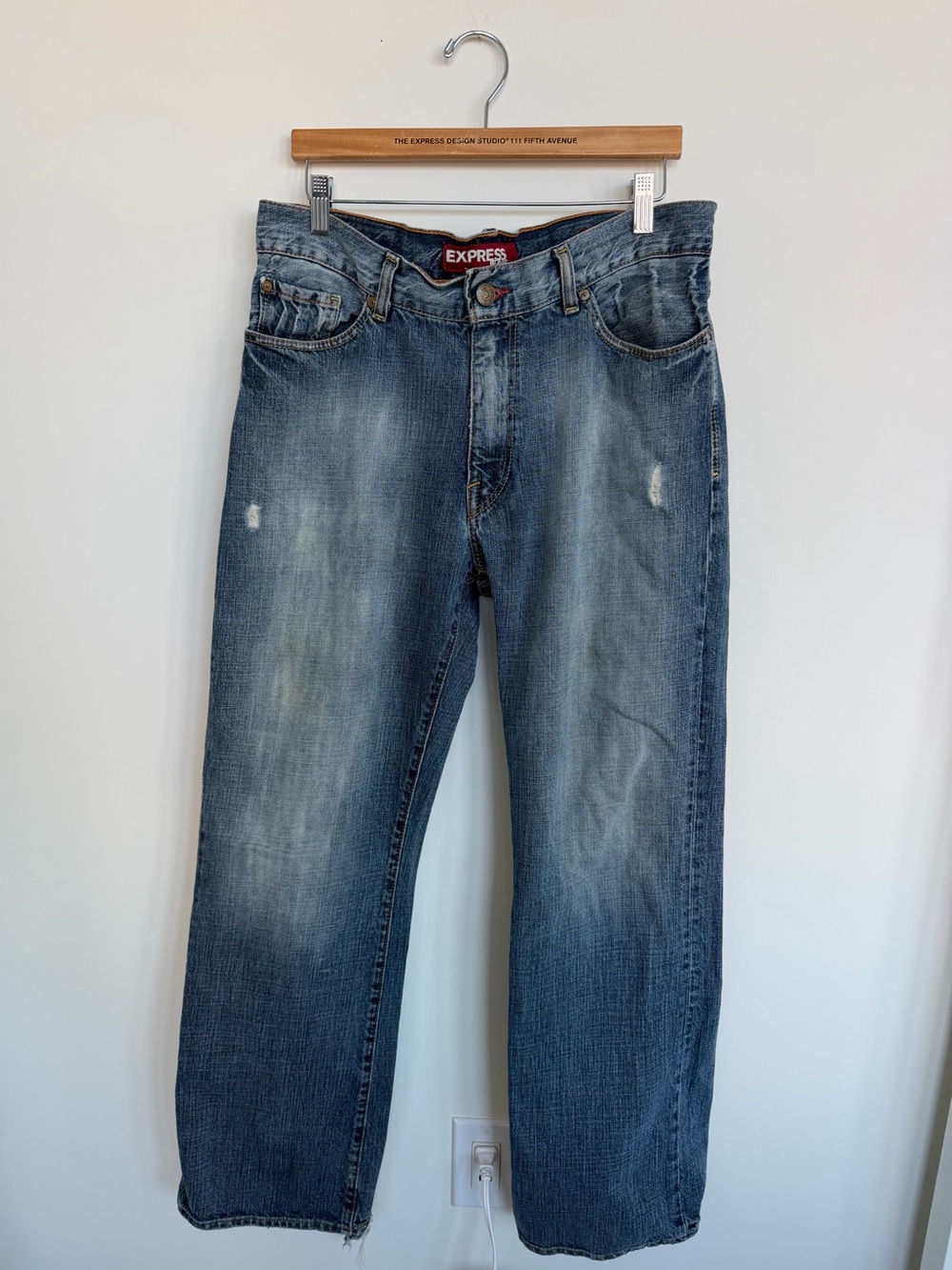 Express Men's Faded Blue Straight Jeans Y2K
